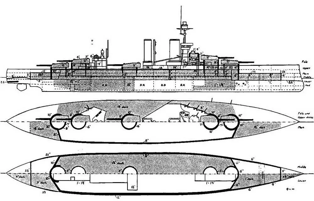 Линейный корабль Кинг Джордж V 1914 г продольный разрез и планы палуб с - фото 65