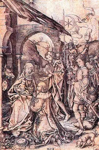 Старинное изображение поклонения евангельских волхвов Над головами волхвов - фото 771