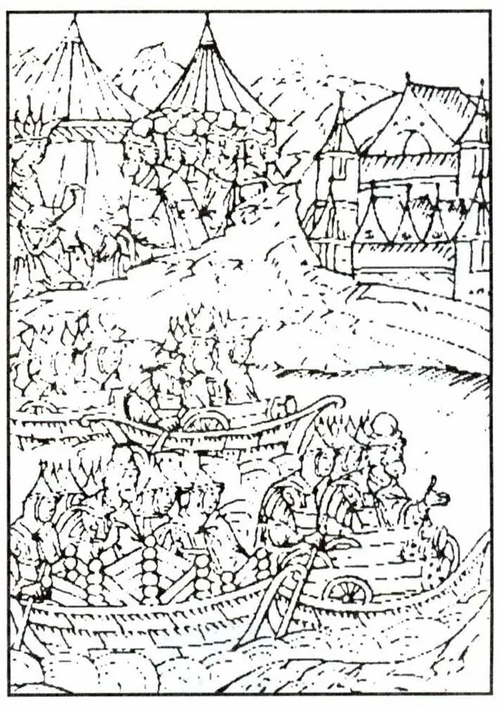 Рис 48 Иван IV посылает суда с осадными орудиями на Казань 1552 г Миниатюра - фото 48
