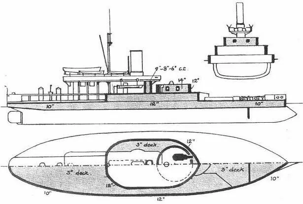 Однобашенный брустверный монитор Glatton 1872 г Наружный вид и вид сверху - фото 3