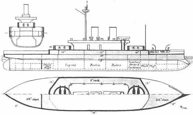 Двухбашенный брустверный монитор Dreadnought 1877 г Наружный вид и вид - фото 34