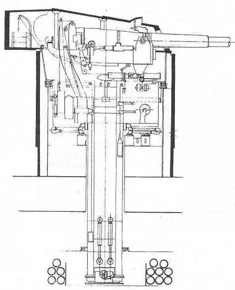 Продольный разрез башенной установки для двух 305мм орудий Мк XI На Нептуне - фото 9
