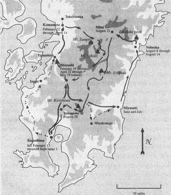 Перемещения Сайго в ходе восстания в Сацума названия на карте сверху вниз - фото 17