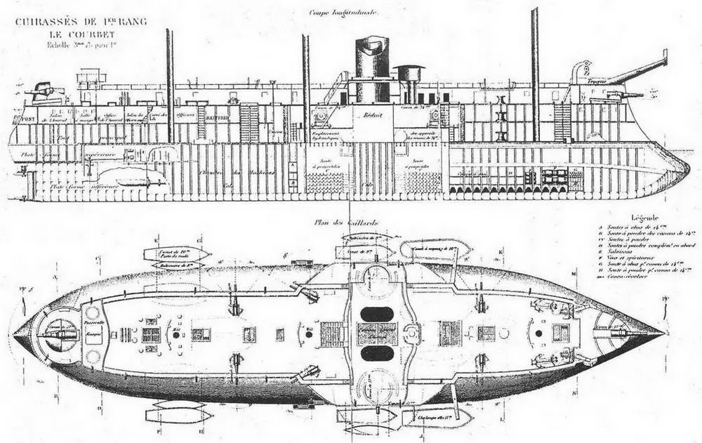 Броненосец Курбэ 1886 г Продольный разрез корпуса и вид сверху - фото 36