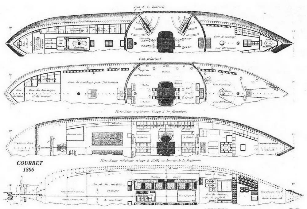 Броненосец Курбэ 1886 г Планы палуб 340мм казематная артиллерийская - фото 37