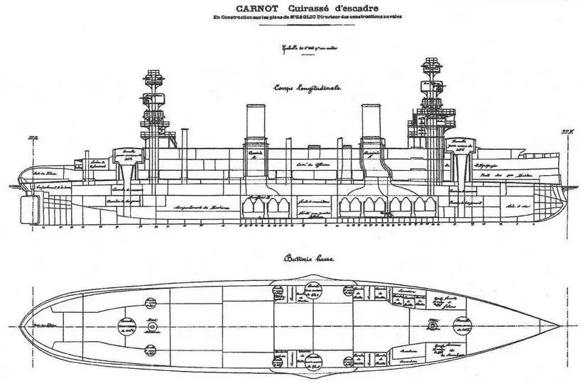 Броненосец Карно 1896 г Продольный разрез план броневой палубы - фото 12