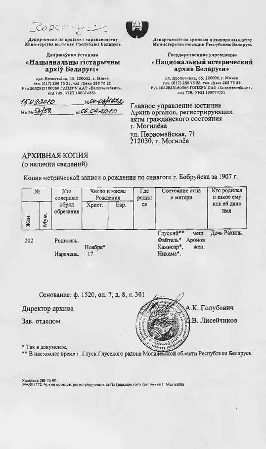 Архивная справка о дате и месте рождения мамы Бабушка Нехама и дед Файтелъ - фото 6