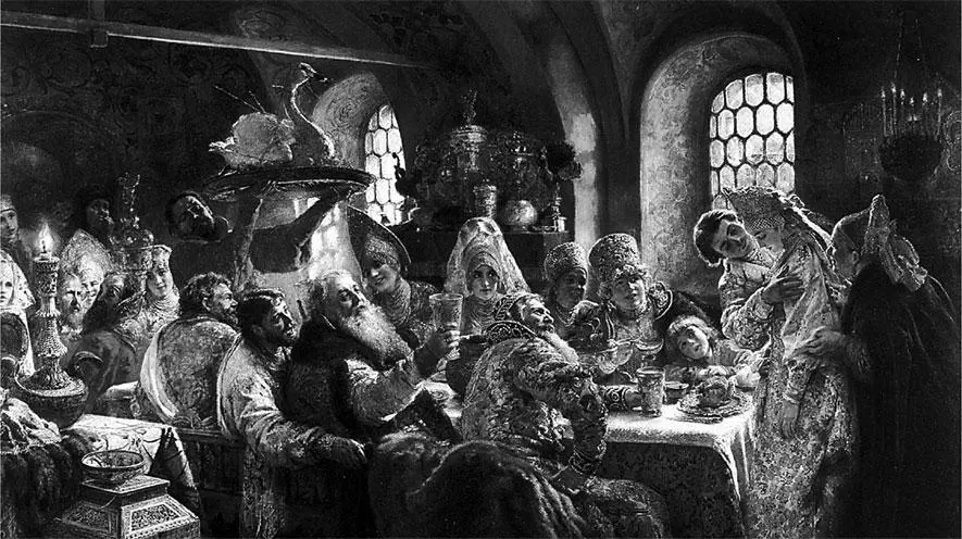 Боярский свадебный пир в XVII веке Константин Маковский 1883 Мясные кушанья - фото 91
