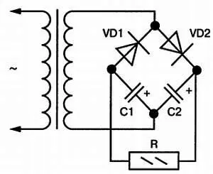 Рис 39 Схема двухполупериодного удвоения напряжения Здесь за один полупериод - фото 38