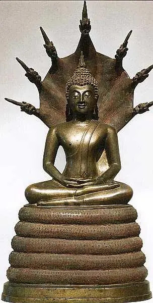 Лаос Будда защищаемый Мучалиндой королем змей XVXVI века Бронза - фото 18