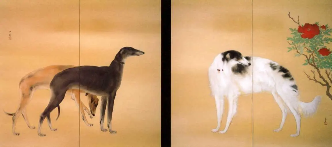 Хашимото Кансэцу 18831945 Собаки из Европы 1941 Бумага сусальное золото - фото 18