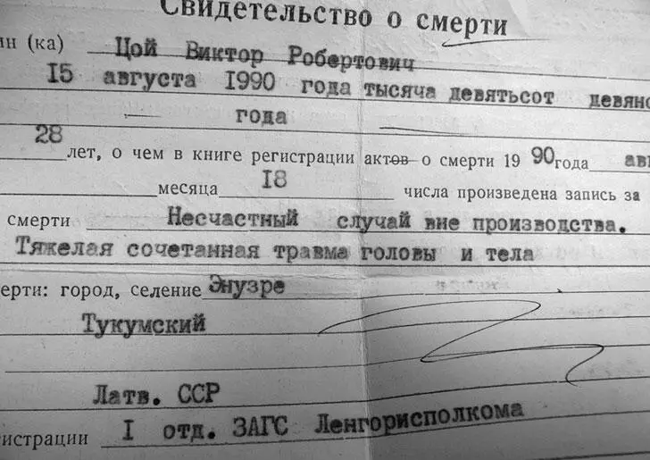 Копия свидетельства о смерти Виктора Цоя Материал из архива Наталии Разлоговой - фото 95