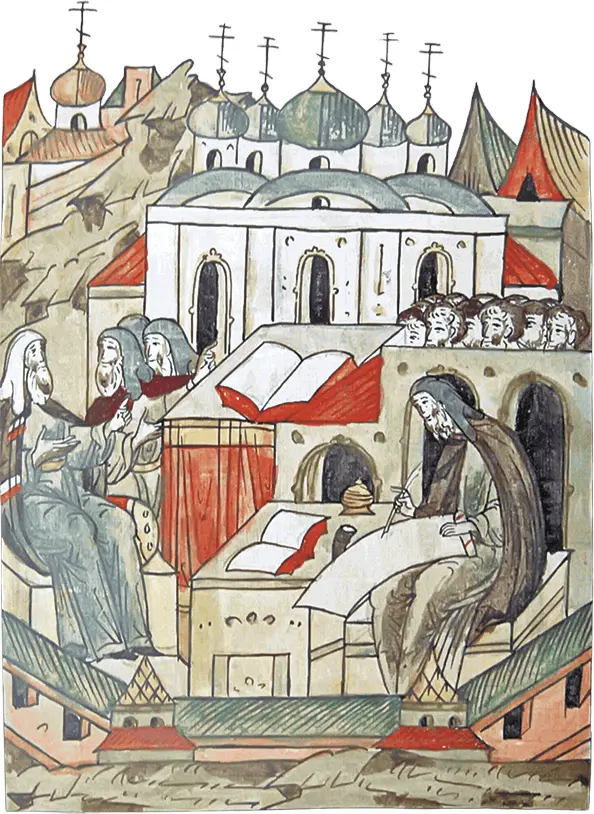 Иосиф Волоцкий пишет Книгу на еретиков Миниатюра Лицевого летописного свода - фото 93