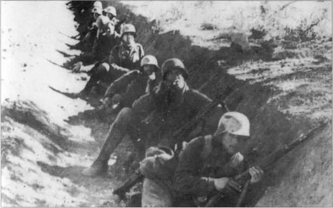 Пехотинцы вооруженные винтовками и пулеметом нашли укрытие во рву у обочины - фото 59