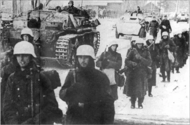 Колонна бронетехники возглавляемая штурмовым орудием StuGIII движется вперед - фото 117