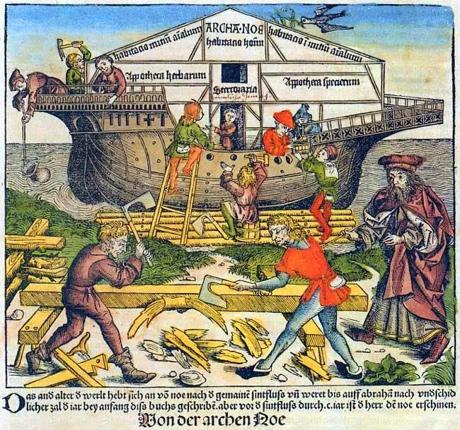 Строительство Ноева ковчега Раскрашенная ксилография из средневековой - фото 112