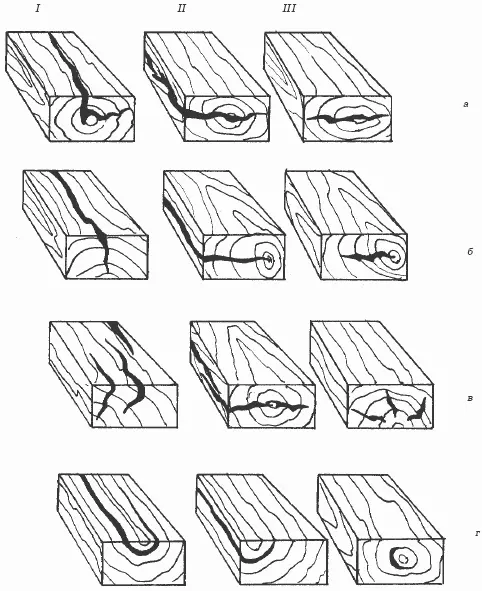 Рис 31 Типы трещин в древесине I пластевые II кромочные III - фото 31