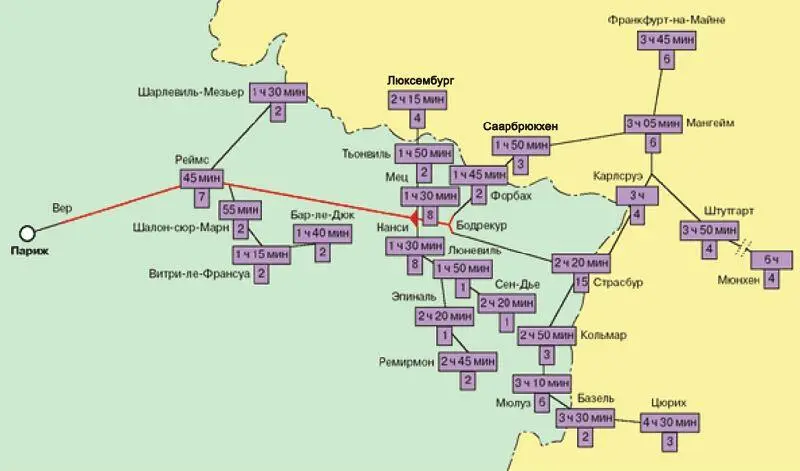 Схема первой очереди линии TGV Est указаны время поездки и число пар поездов в - фото 6