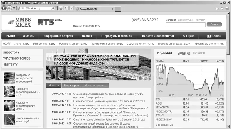 Рис 5 Страница сервера ММВБ rtsmisexru На биржах осуществляется торговля - фото 11