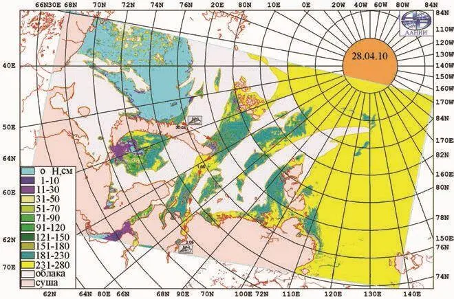 Рис 6 Толщина льда в Карском море 28 апреля 2010 г по данным измерений - фото 34
