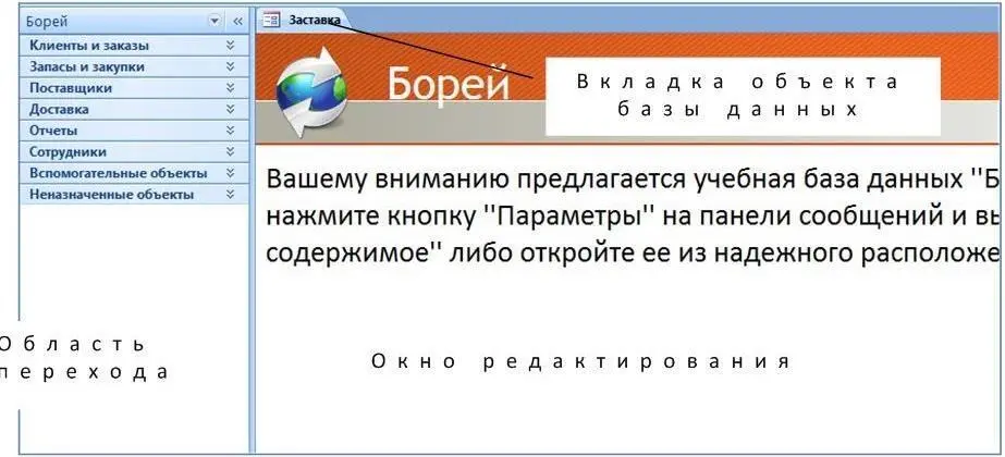 Рис 2 Окно базы данных Борей 2007 В Области переходов находятся все объекты - фото 2