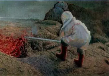 Вулканолог берет образец горячей лавы протекающей у подножия северовосточной - фото 22