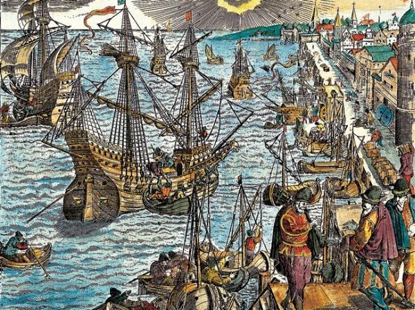 Корабли с богатым грузом возвращаются домой в Лиссабон гравюра на меди 1547 - фото 11