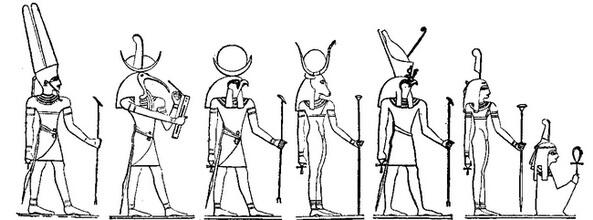 Египетские боги слева направо АмонРа Тот Хонсу Хатор Тум Маат Нейт - фото 3
