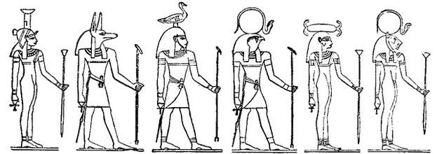 Египетские боги слева направо АмонРа Тот Хонсу Хатор Тум Маат Нейт - фото 4