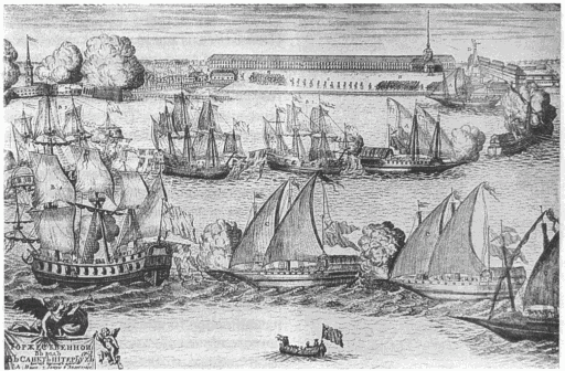 Ввод в Петербург пленных шведских фрегатов Гравюра А Зубова 1720 г Право - фото 8