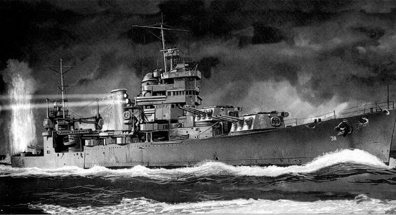Тяжелый крейсер СанФранциско СА38 ведет огонь но японским кораблям во - фото 1