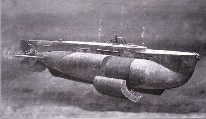 Британская сверхмалая подводная лодка А7 сбрасывает подрывной заряд под днище - фото 1