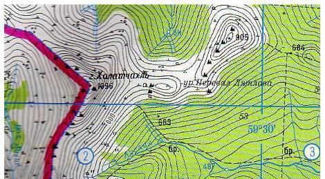 Гора Холатчахль 1096 и перевал Дятлова на карте Свердловской области Гора - фото 3