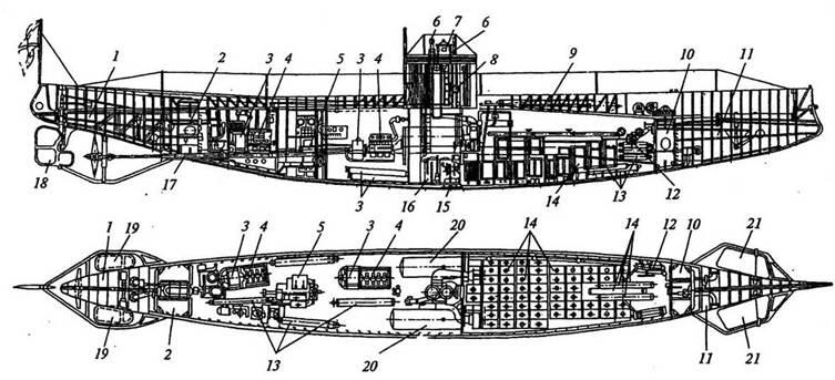 Подводная лодка Осетр Продольный разрез план трюма и поперечное сечение в - фото 8