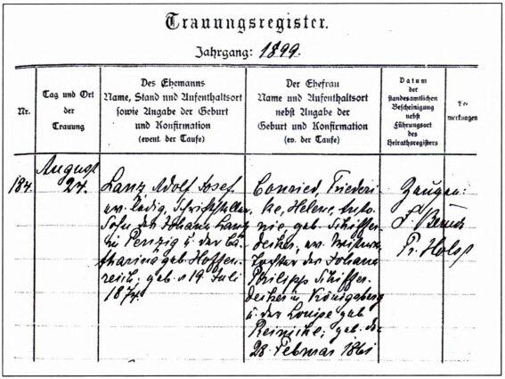 Запись о регистрации брака Адольфа Ланца с Фредерикой Конрид Составленный - фото 44