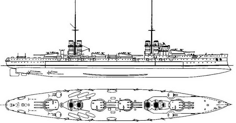 Боковой вид и вид сверху линейного корабля Данте Алигьери 1913 г В 1903 г - фото 2