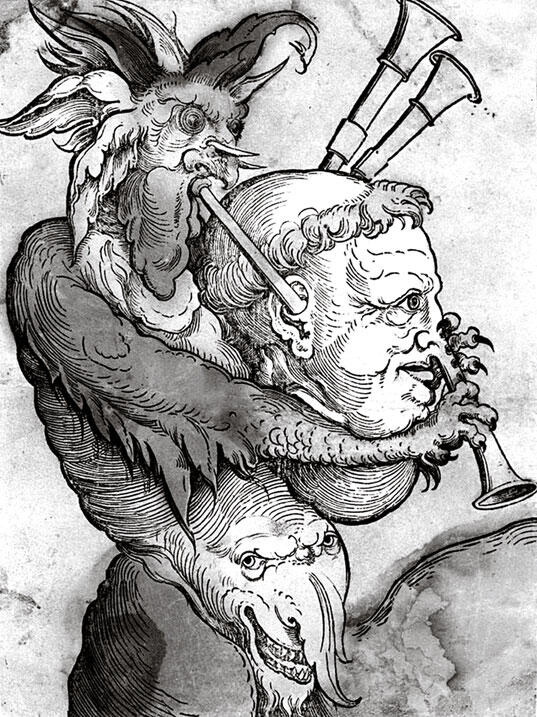 Дьявол играющий на волынке взгромоздившись на монаха Гравюра Эрхарда Шона - фото 4