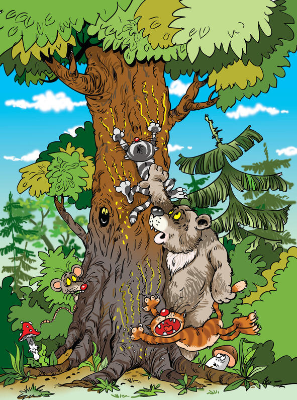 А мышка уже медведя учит Ты чего это по деревьям без кошек лазишь Свалишься - фото 1