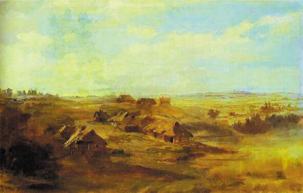 Пейзаж с избами и прудом в окрестностях Петербурга 1869 г Холст масло - фото 1