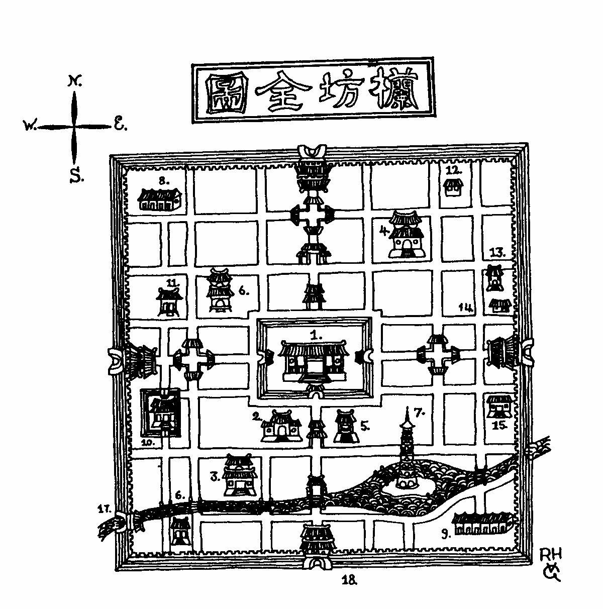 Карта Ланьфана 1 Уездная управа 2 Храм Городского Божества 3 Храм Конфуция 4 - фото 1